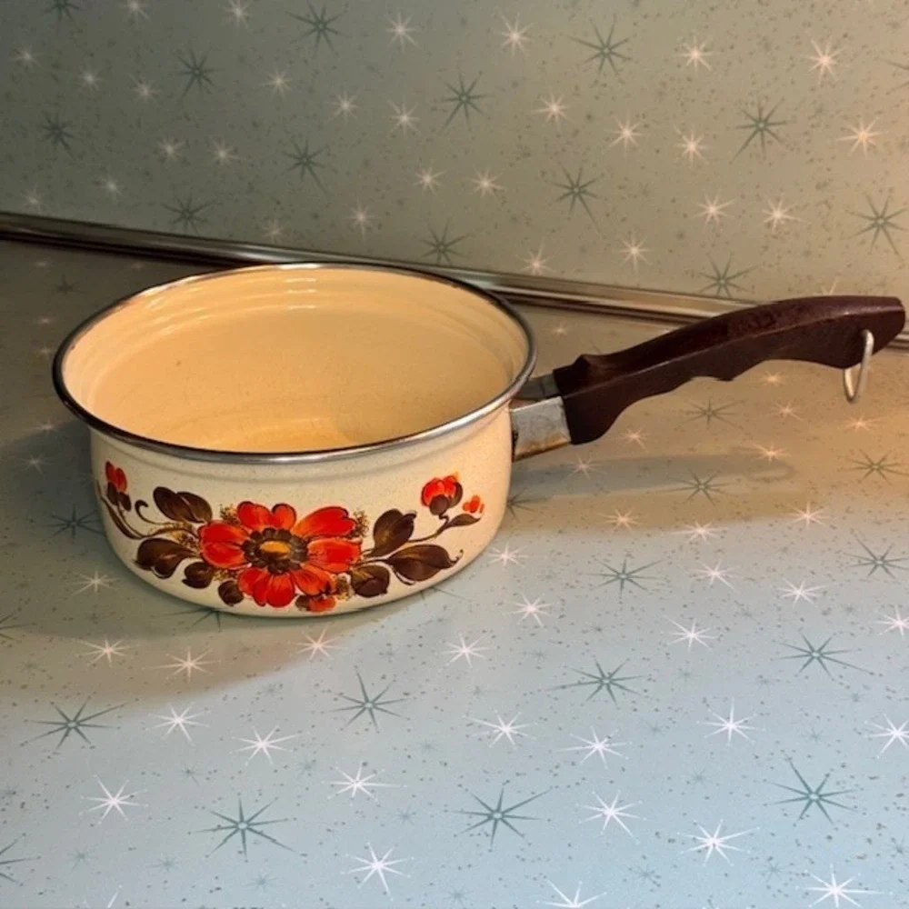 Vintage Moneta 16 Saucepan Retro Floral Enamel Cookware Boho Kitchen Italy 1970s